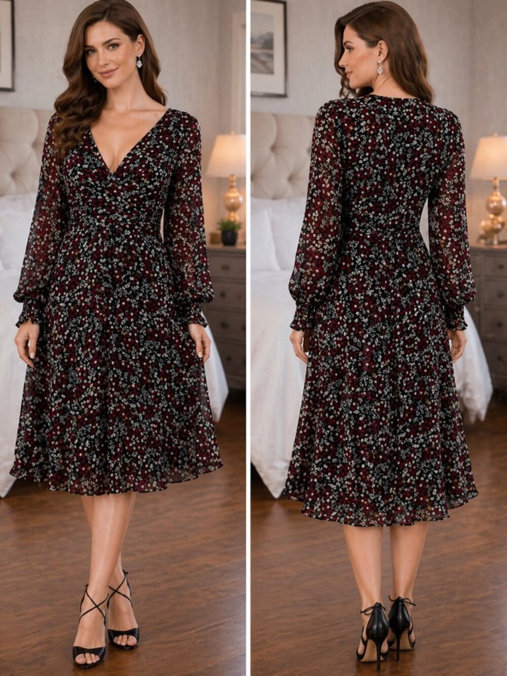 Nicholas Black Red Mini Daisy Wrap Midi Dress $595